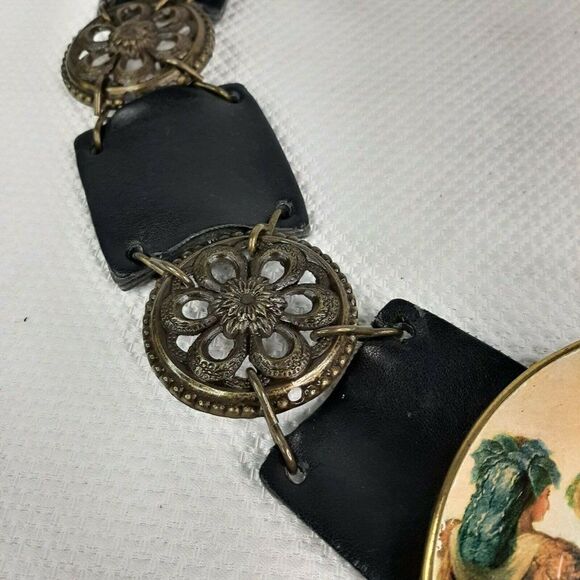 Vintage Upcycled Victorian Compact Leather Metal Belt Buckle Chain Link OSFM - Picture 3 of 8